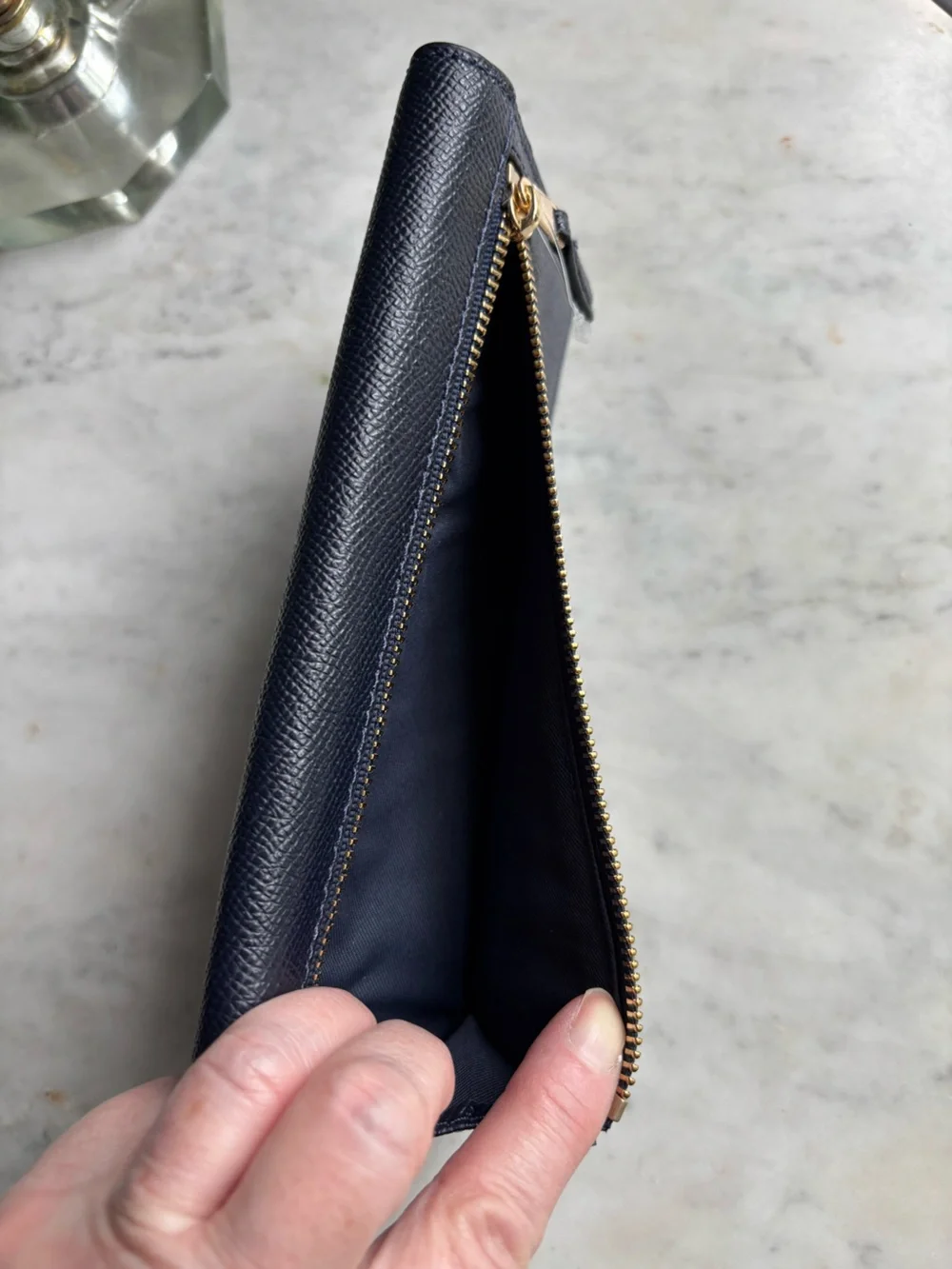 NWOT Coach Saffiano Leather Continental Wallet in Navy with Gold Logo